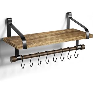 Love-KANKEI Floating Shelf Wall Shelf for Storage Rustic Wood Kitchen Spice Rack with Towel Bar and 8 Removable Hooks for Organize Cooking Utensils or Mugs Carbonized Black