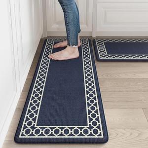 LEEVAN Navy Blue Anti Fatigue Mat 2 Piece,Memory Foam Ergonomic Modern Kitchen Floor Mat for Laundry,Non Slip Waterproof Standing Mat for Home,Office,Desk,Sink(17''x29''+17''x47'')