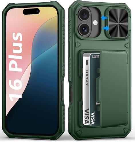 BXYJY for iPhone 16 Plus Wallet Case, Built-in Credit Card Holder (4-5 Cards), Slide Camera Cover, Military Drop & RFID Protection, Rugged Heavy Duty Women Men Phone Case for iPhone 16 Plus, Green