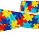 50 Yards 3/8 Inch Autism Awareness Puzzle Printed Grosgrain Ribbon Hairbows Craft Supplies
