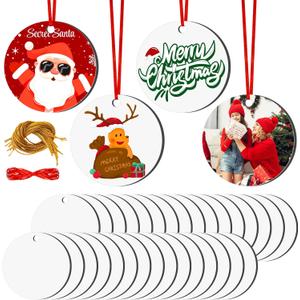 Joyclub 35 Pcs 3'' Sublimation Ornament Blanks MDF Sublimation Christmas Ornaments Bulk Round Double Sided Ornaments for Personalized Xmas Tree Ornament Home Decor DIY Crafts