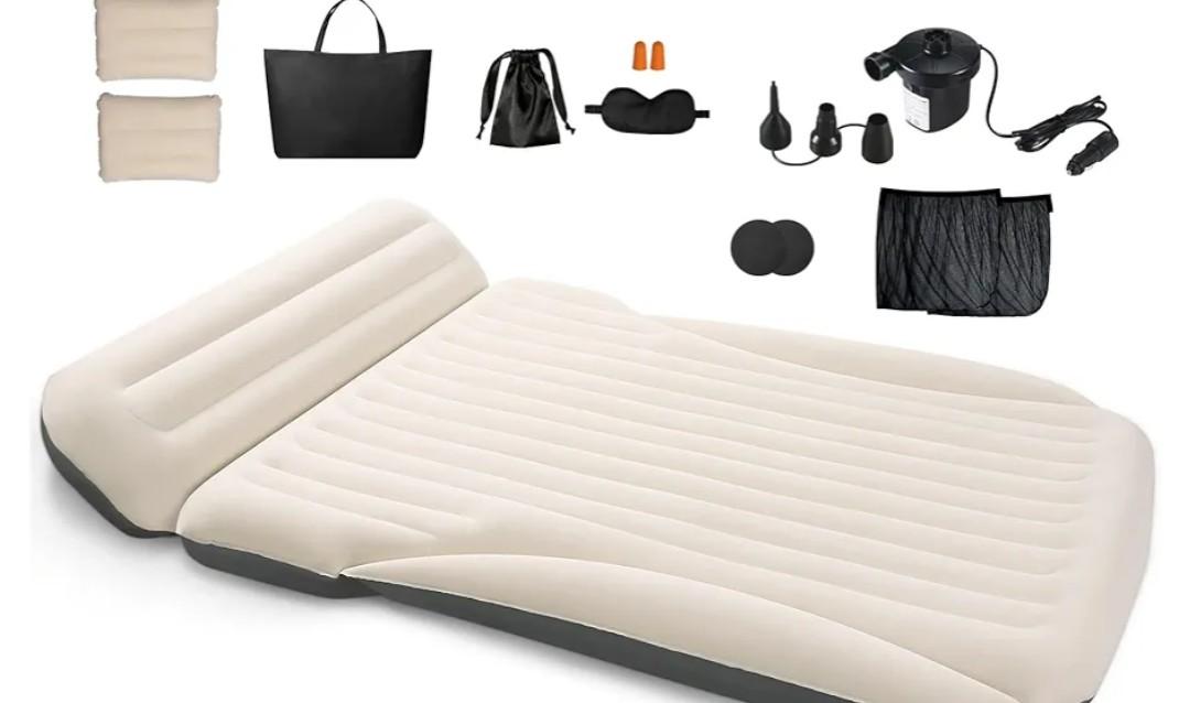 Ciremiv SUV Air Mattress for Car Camping - 6" Leakproof Inflatable Car Bed with Pillow & Electric Pump, Flocked Surface Travel Mattress for Trunk, Road Trip, Minivan, MPV -White + Gray