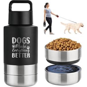 Insulated Dog Travel Water Bottle With Detachable Bowls, Ideal Gifts for Dog Lovers, Portable Water Bottle Dispenser, For Walking, Hiking, Camping, Outdoor (Black:Dogs Better, 32 Oz)