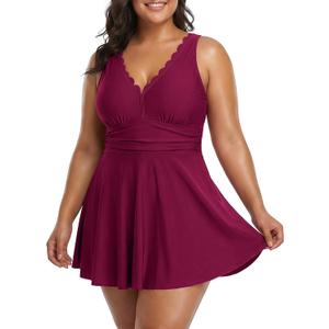 Charmo Plus One Piece Swimsuit with Skirt Ruched Tummy Control Bathing Suit Swim Dress Modest Curvy Swimwear Dark Red 2X