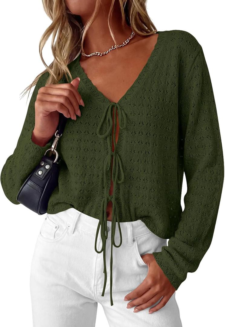 PRETTYGARDEN Womens Tie Front Cardigan 2026 Summer Boho Crochet Knit Cover Up Beach Vacation Hollow Out Lightweight Tops(Army Green,Medium) (Green, M)