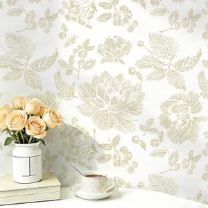 Safiyya Floral Peel and Stick Wallpaper Beige and White Contact Paper Modern Wall Paper Self Adhesive Farmhouse Removable Wallpaper for Bedroom Bathroom Vinyl Roll 17.3"x 78.7"