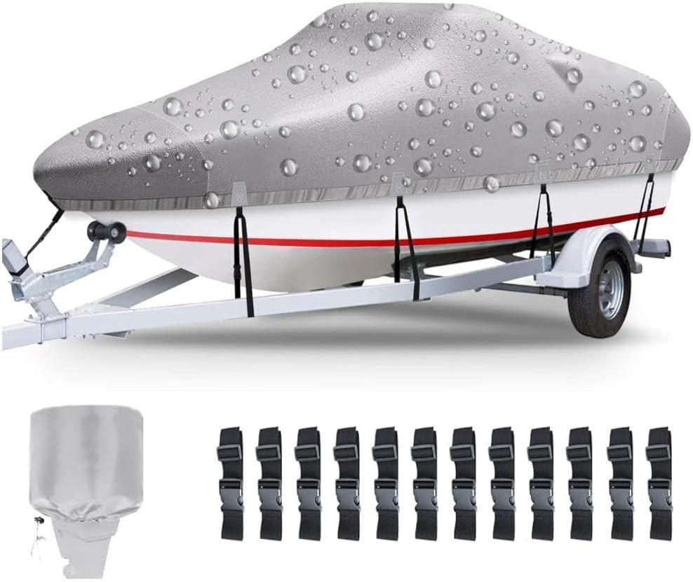 Boat Covers 16-18.5ft, Heavy Duty 800D PU Waterproof Trailerable Marine Grade Polyester Canvas, UV Resistant Bass Boat Covers, Fits V-Hull Tri-Hull Fish&Ski Boat, Runabout with Tightening Strap