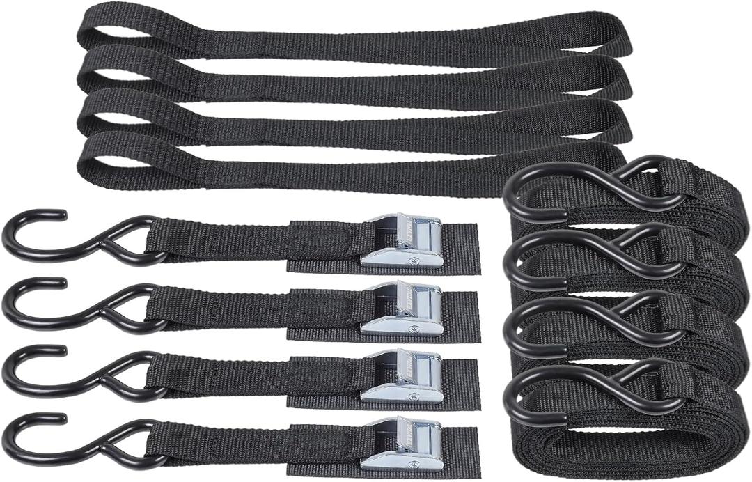 EXVITAL Tie Down Straps with Hook Cam Buckle Straps 1" x 12 1200lbs Break Strenght with Extra Soft Loops for Motorcycle, Kayak, ATVs, Dirt Bike, Truck, Car Black 4 Pack