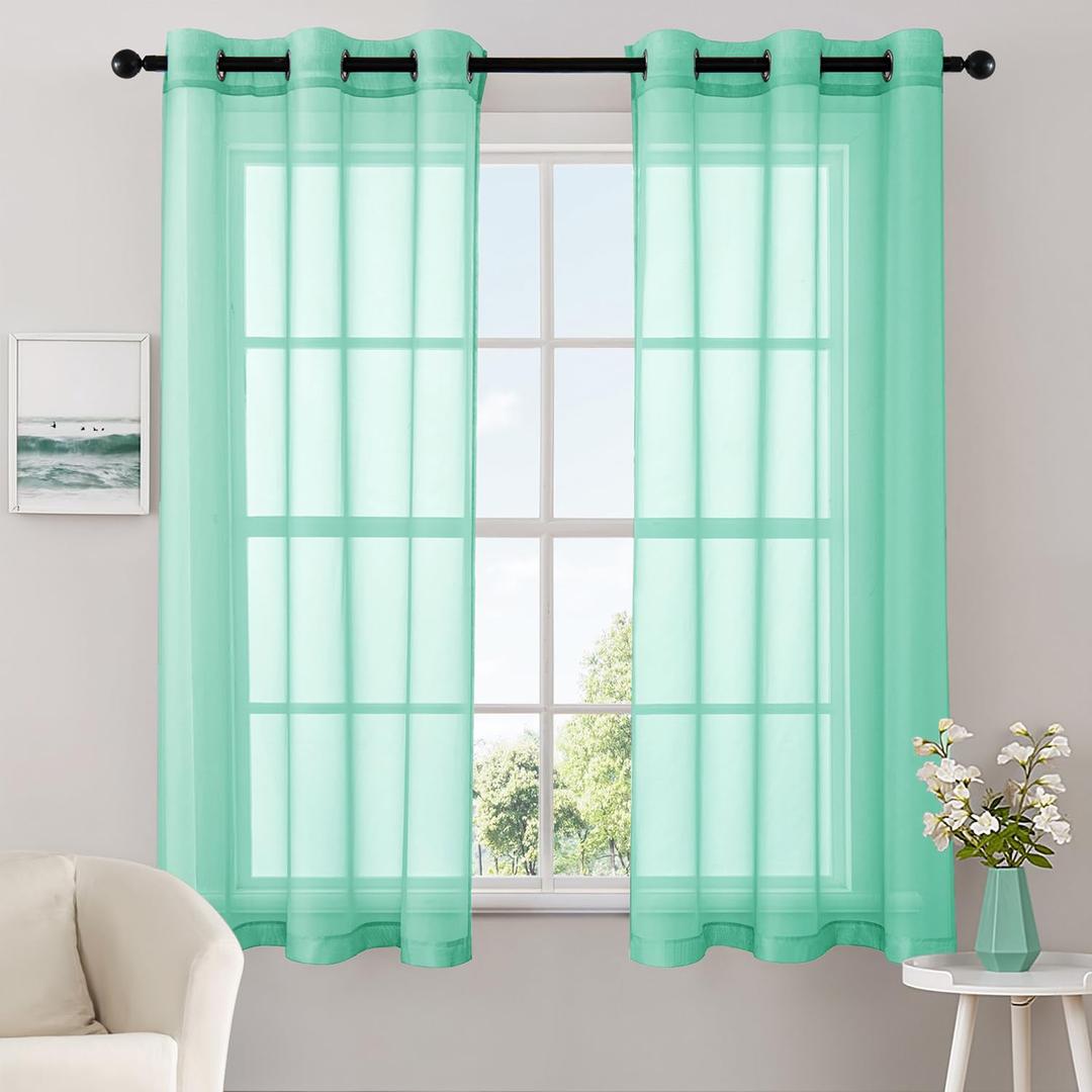 MIULEE Solid Color Sheer Curtains 63 Inches Long 2 Panels Set - Elegant Lightweight Grommet Light Filtering Window Voile Panels/Drapes/Treatment for Bedroom Living Room W42 x L63 Inch, Aqua