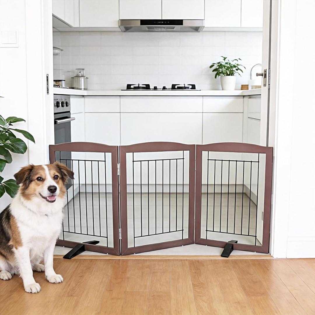 Dog Fence Indoor,Dog Gate Indoor for Doorway pet gate -3-Panel Freestanding, Hallways, House or Stairs -60x24-Inch Retractable Foldable Expandable Wood Pet by SFJC (Brown) ﻿