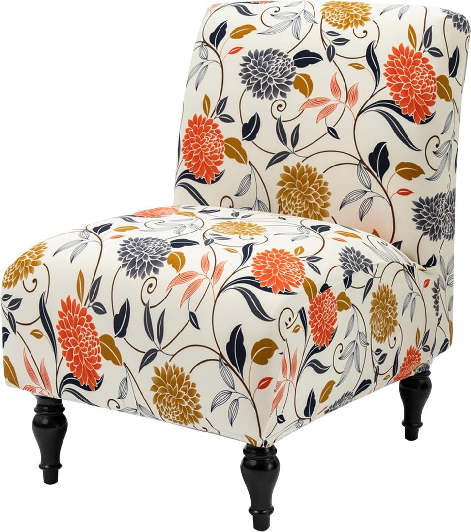 Iauddy Armless Accent Slipper Chair Cover Slipcover,Stretch Spandex Printed Removable Non-Slip Silp Cover for Accent Chair Without Arms Furniture Protector for Living Dining Room(Beige/Orange, 1)