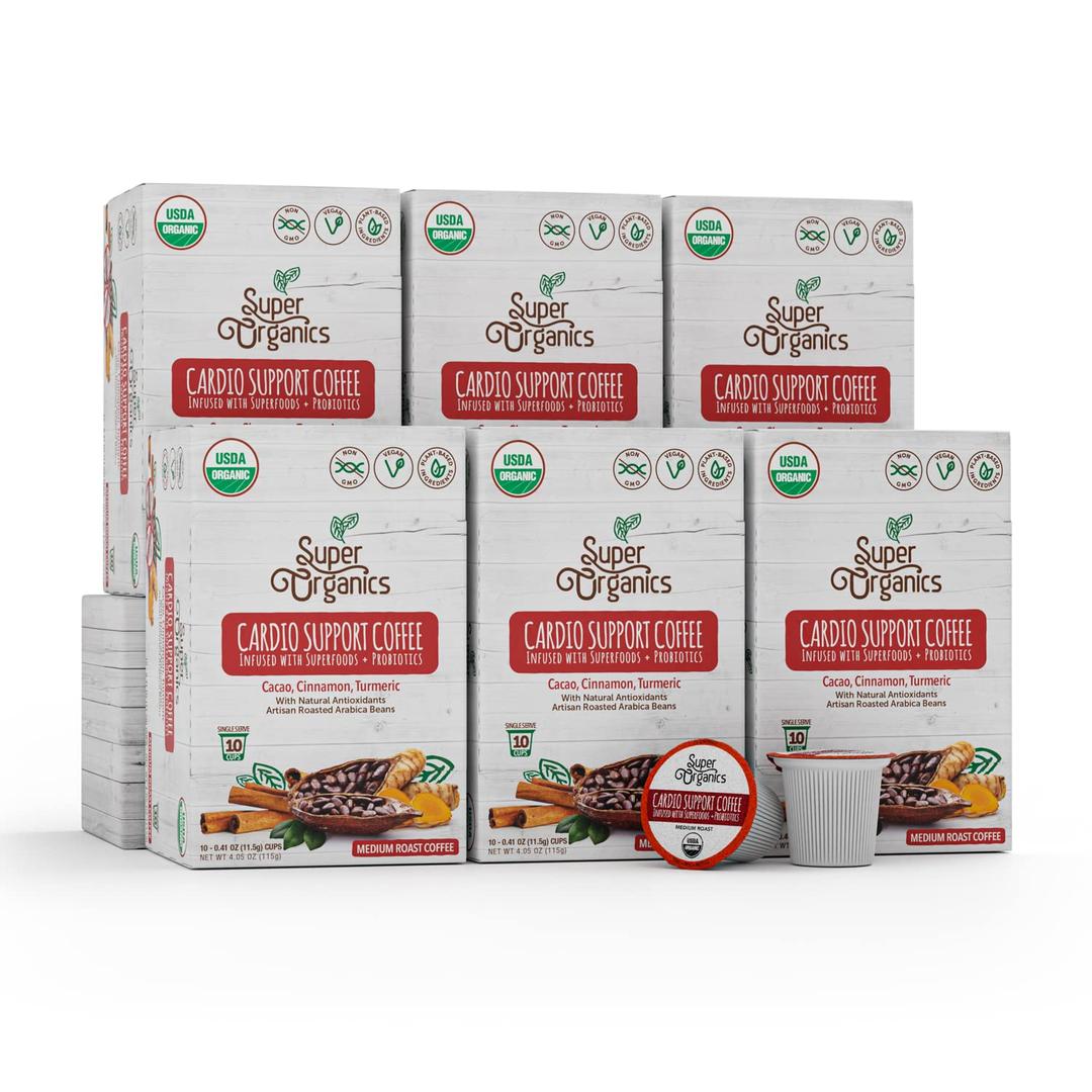 Super Organics Cardio Support Coffee Brew Cups With Superfoods & Probiotics Keurig K-Cup - Medium Roast, USDA Certified Organic Coffee Pods, Vegan Coffee, 60ct (EXP 08/23/26)