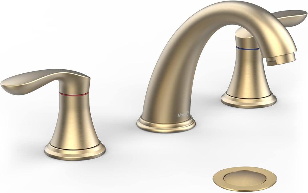 Bathroom Sink Faucet, Faucet for Bathroom Sink, Widespread Brushed Gold Bathroom Faucet 3 Hole with Stainless Steel Pop Up Drain and cUPC Lead-Free Hose - (Brushed Gold) (8 inch 1 pack)