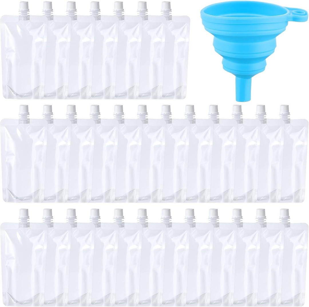 Patelai 250 Pieces Plastic Liquid Pouch Reusable Juice Pouches Travel Water Leak Proof Bags Bulk with Collapsible Silicone Funnel for Travel Outdoor (16 oz)