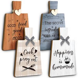 Chunful 4 Pcs Kitchen Cutting Board Wall Decor Sign 4 x 7 Farmhouse Wooden Kitchen Wall Hangings Rustic Tiered Tray Decor Wood Art Hanging Sign with Hooks for Home Dining Living Room Cafe