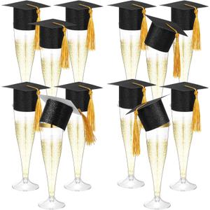 Funnymoom 12 Pack 2026 Graduation Disposable Champagne Flutes Set 4.5 oz Plastic Grad Glasses and Mini Graduation Caps with Tassels for Cocktail Toasting Grad Party Favor (Black)