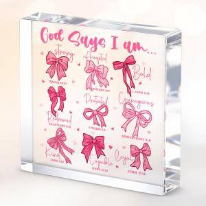 Positive Affirmation Bible Verse Desk Decor Acrylic Sign 4X4 Inch, Preppy Coquette Pink Bow Desk Decorative Signs for Shelf Tabletop Cubicle Room Office, Christian Gifts for Women Men Friends