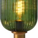 Mid Century Glass Table Lamp,Dimmable Desk Lamp,LED Bulb Included,Timer Build-In,Green Ribbed Glass