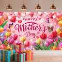Mother's Day Backdrop Happy Mother's Day Party Decor Banner Supplies Heart-Shaped Balloon Floral Tulip Butterfly Pink Photography Backdrop,Holiday Wall Decor for Indoor Outdoor Garden Yard 7x5ft