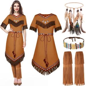 Jadive Women Native American Outfits Set Maiden Princess Dress up Indian Costume (Large)