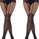 Faux Thigh High Tights for Women - Fishnet Gothic Pantyhose, High Waist Over-The-Knee Goth Leggings (Black)