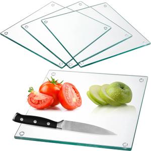 Hacaroa Set of 4 Tempered Glass Cutting Board, 10"x10" Square Chopping Board with Rubber Feet, Non-slip Glass Tray for Kitchen Countertop, Long Lasting, Shatter-Resistant, Dishwasher Safe, Clear