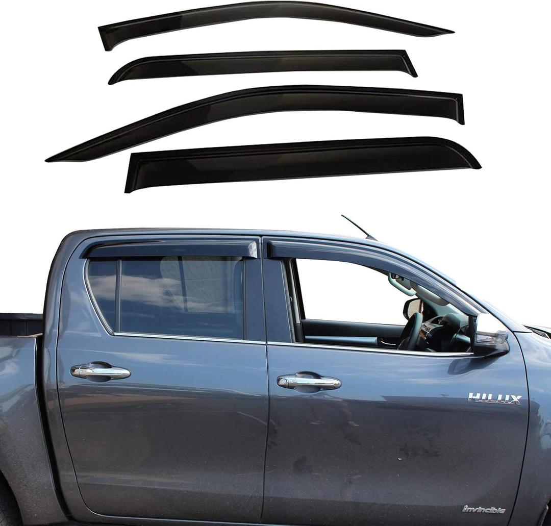 Adhesive Wind Deflectors for Toyota Hilux (2016-2026) Double Cab Window Deflectors in PMMA Smoked Black, Anti-Glare Visor and Rain Protection (GX, VX, VXL, Invincible, GR Sport)