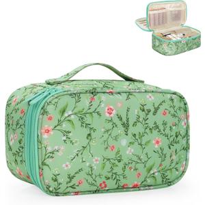 Relavel Small Makeup Bag, Travel Floral Cosmetic Bag with Makeup Brush Compartment, Portable Makeup Pouch for Women, Double Layer Makeup Organizer Bag Cute Toiletry Bag, Green Floral (2-MEDIUM)