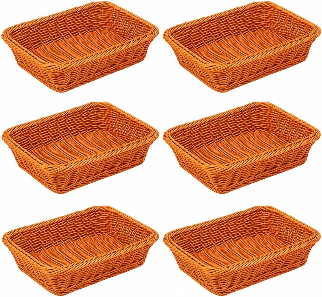 6 Pack 12 Inch Brown Woven Fruit Baskets, Plastic Wicker Bread Baskets