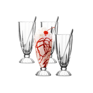 Maxcheck 4 Set 12 oz Milkshake Glass with Long Metal Spoons Clear Ice Cream Soda Glasses Fountain Shoppe Classic Transparent Cup with Long Stainless Steel Spoons for Milk Shake Dessert Ice Cream