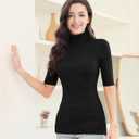 v28 Women Turtleneck 1/2 Half Sleeve Highly Stretchy Ribbed Knit Fitted Sweater (Black, M)