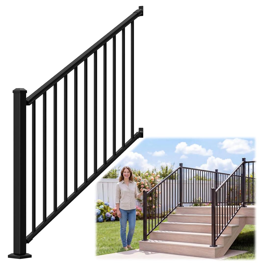 Egadis 42 in. H x 5 ft. W Porch and Deck Railing Kit with 1 Post, Cuttable Black Textured Powder-Coated Modular Aluminum Stair Railingfor Deck Porch Patio Balcony Steps (1 Post, 1 Panel)