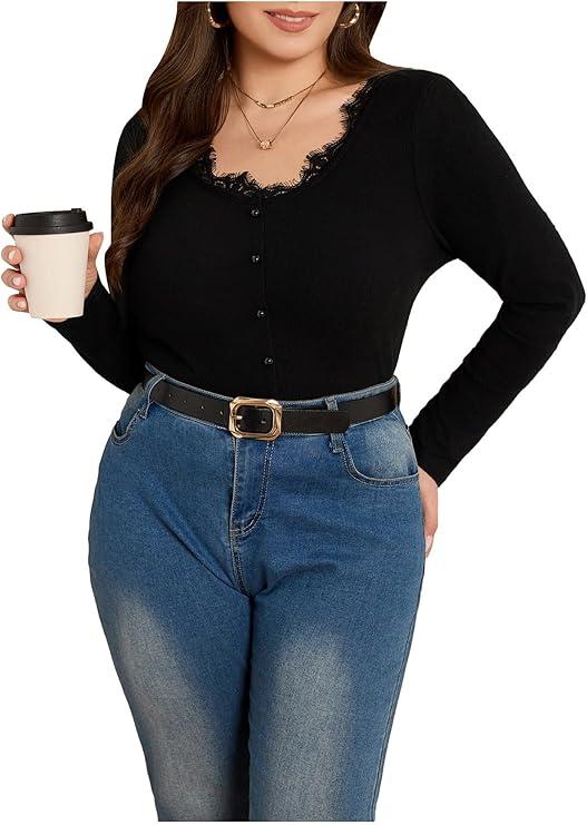 SOLY HUX Women's Plus Size Lace V Neck Long Sleeve T-Shirts Button Slim Fit Going Out Tee Tops Pure Black X-Large Plus