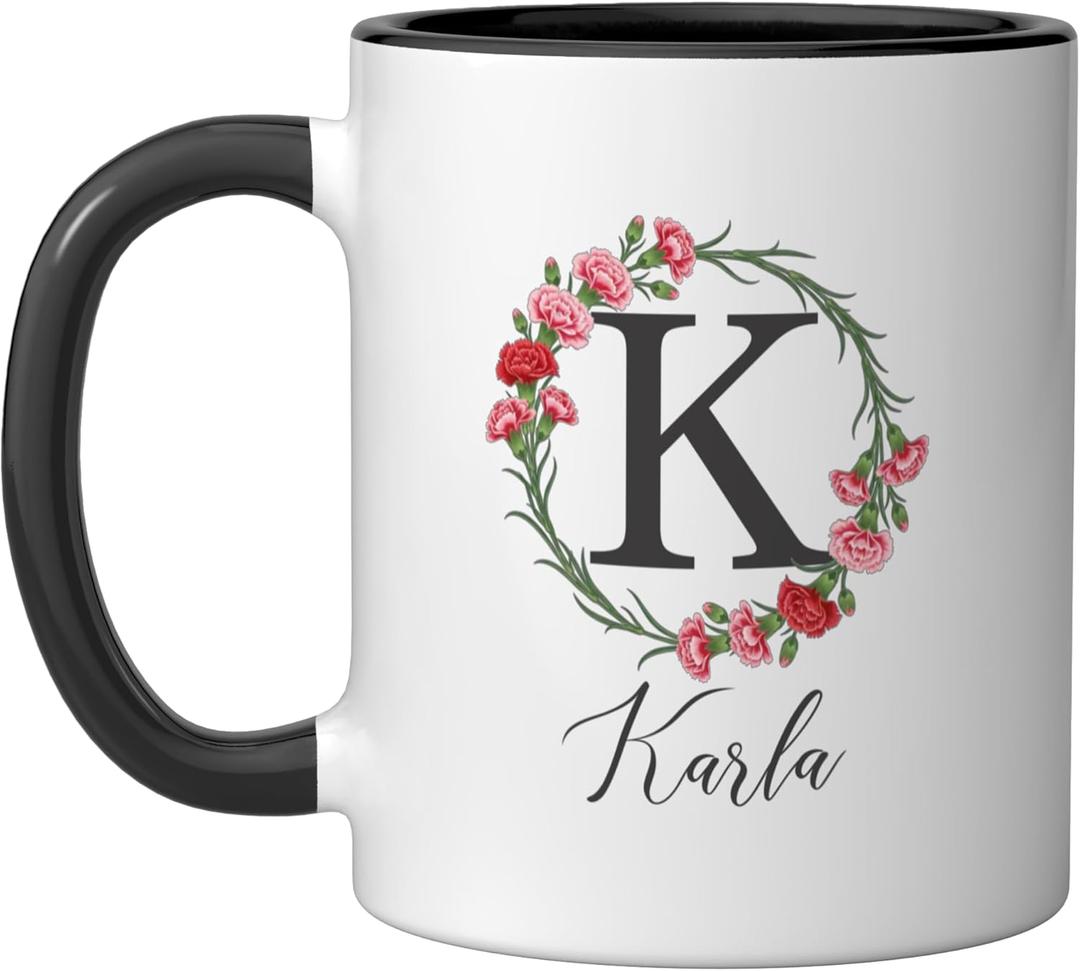 Floral Karla Name Flower Personalized Name Karla Ceramic Mug, Black/White (11 Ounces)