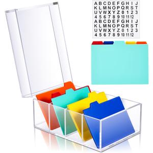Index Card Holder Clear Acrylic Card Organizer 50 Pcs Divider Sheets for Desk File Note Holders, 4 Compartments Holds 600 Cards(4 x 6 Inch)
