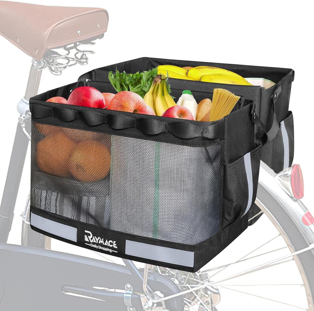 RAYMACE 2Pack Bike Grocery Panniers for Bicycles and Ebikes,Bike Rack Bags with Reflective Spots and Side Pockets,Folding Bike Basket Fits for Most Rear Racks (Black)