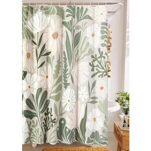 Green Botanical Linen Shower Curtain Extra Long 84 Inches Long, Spring Summer Boho Plants Leaves Textured Fabric Bathroom Shower Curtain Set Modern Farmhosue Vintage Bathroom Decor