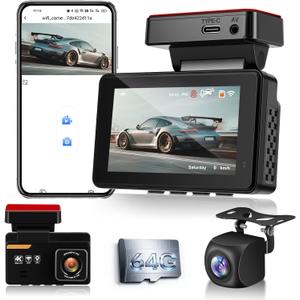 NHOPEEW 4K Dual Dash Camera for Cars with WiFi & APP Control - 3Inch Screen Dash Cam Front and Rear - 150 Wide Angle/GPS/G-Sensor/Loop Recording/Night Vision/ADAS/Split Screen + 64GB Card