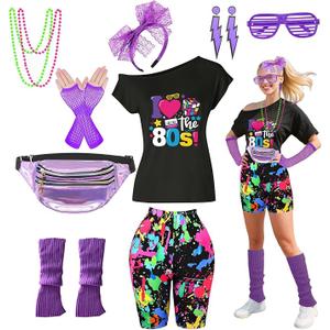 80s Outfit Women Costume Accessories Set T Shirt Shorts Tutu Skirt Neno Party Leg Warmers Headband (Large)