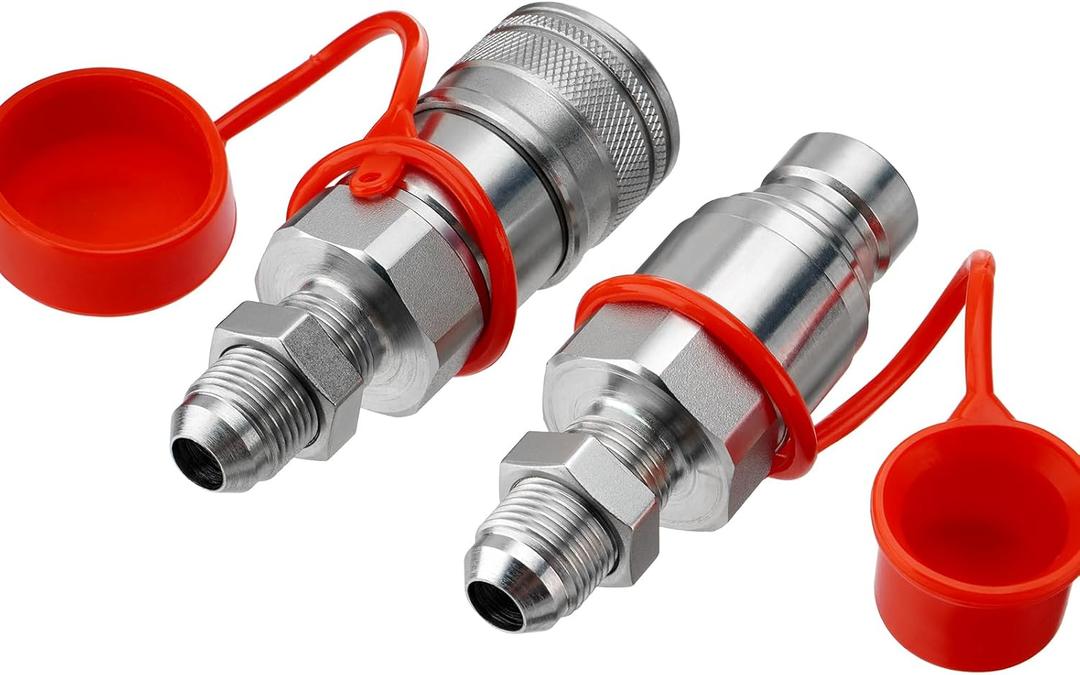 1/2" Flat Face ISO 16028 Hydraulic Quick Connect Couplers, 1/2" (#8) JIC Bulkhead Thread, Heavy Duty Hydraulic Coupling with Dust Cap Compatible with Bobcat, Case, Skid Steer Loader