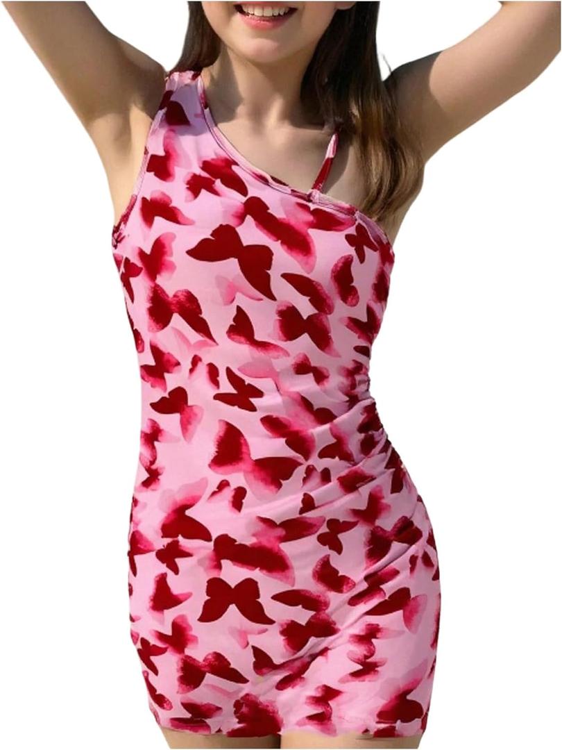 SHENHE Girl's Butterfly Print One Shoulder Dress Sleeveless Ruched Summer Vacation Mini Dresses (Pink) 9Y