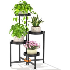 LASZOLA 4 Tiered Plant Stand Indoor Outdoor with Plastic Tray, Corner Folding Tall Flower Display Rack, Modern Plant Holder Shelf for Outdoor Patio Porch Garden Office Living Room, Black