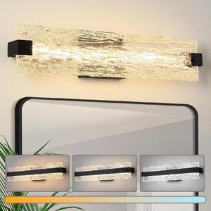 Black LED Bathroom Vanity Light, 24.4 Inch 15W Modern Dimmable Bathroom Light Fixture Over Mirror, Crystal Bar Wall Sconce Lighting for Bath, 3CCT, OS-MM5001-3BK, 24.4" L, 15 Watts