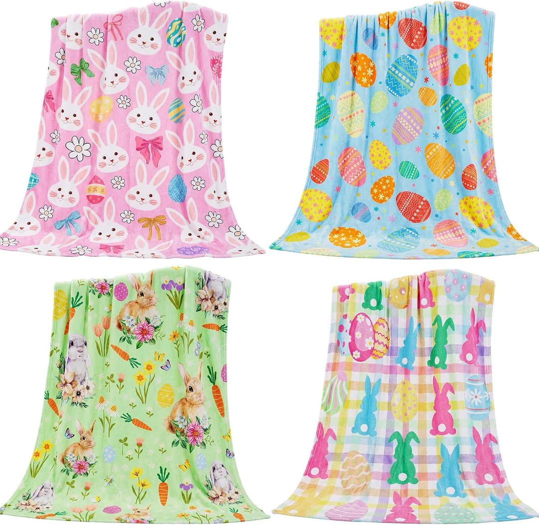 Tegeme 4 Pack Easter Bunny Eggs Blanket 50 x 60 Inch Easter Flannel Throw Blanket, Cute Bunny Rabbit Egg Flower Leaves for Lightweight Soft and Warm Blankets for Sofa Living Room (Mixed)