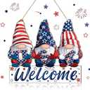4th of July Wreaths,SWEKKE Welcome Wreath for Front Door, Three America Gnome with USA Welcome Wooden Decor Door Sign Wreath 12 Inch, Welcome Irregular Welcome Door Sign Decorations,Welcome Door Sign