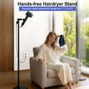 Hair Dryer Stand with 360 Rotating Head, Hands Free, Large Hook,Heavy Duty Base, Adjustable Height, TPU Padded Clip, Aluminum Alloy Holder for Home or Salon (Black)