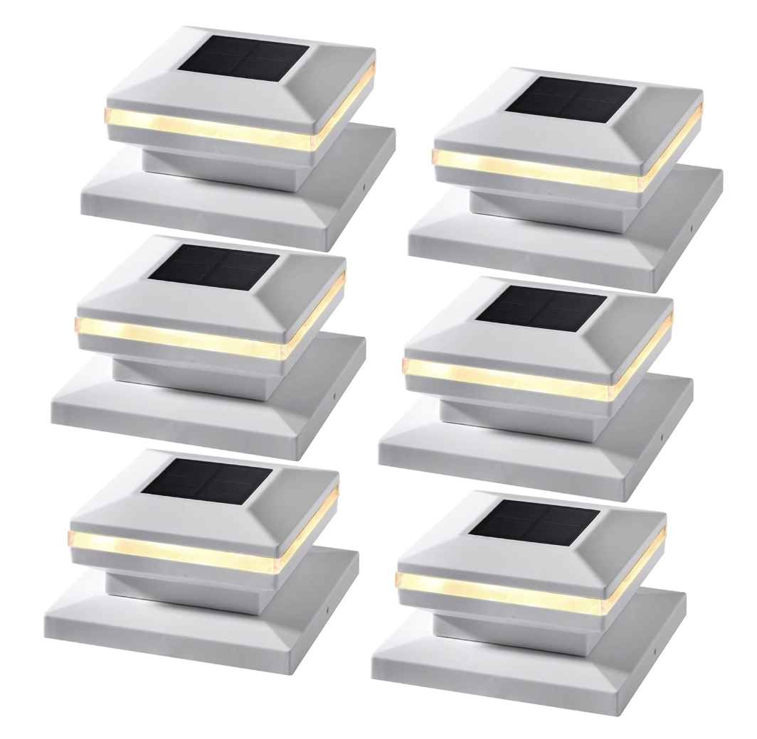 MAGGIFT 6 Pack Post Lights, Outdoor Cap for Fence Deck Patio, Solar Powered, Warm White High Brightness SMD LED Decorative Lighting, Lamp Fits 4x4, 5x5 or 6x6 Wooden, White