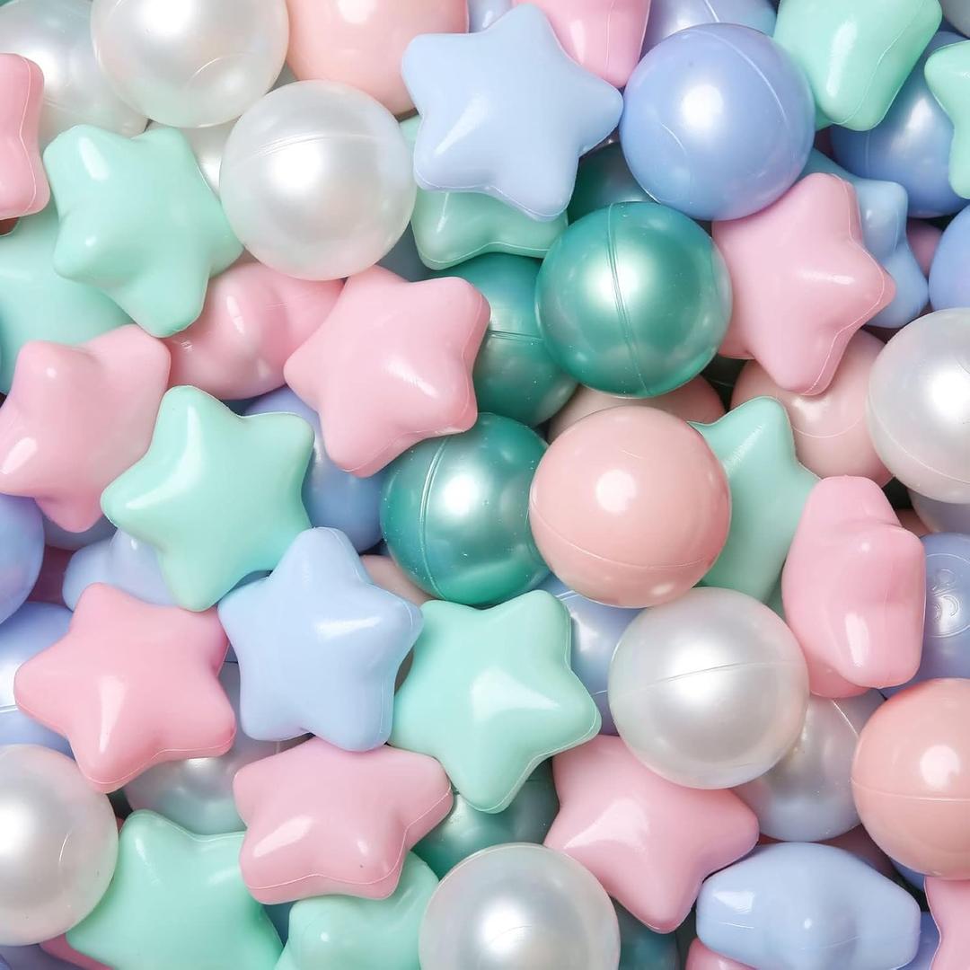 GOGOSO 100 Non-Toxic Play Balls for Kids - Soft, Crush-Proof, and BPA-Free Pit Balls in Fun Colors for Indoor/Outdoor Playtime (pink blue green white star balls)