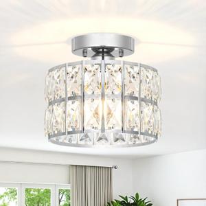 Lxybcce Crystal Ceiling Light Fixture, Modern Chrome Crystal Chandelier, Small Semi Flush Mount Ceiling Lighting, Round Hallway Lighting for Kitchen Entryway Bedroom Bathroom, 1-Light, 8.8 Inch
