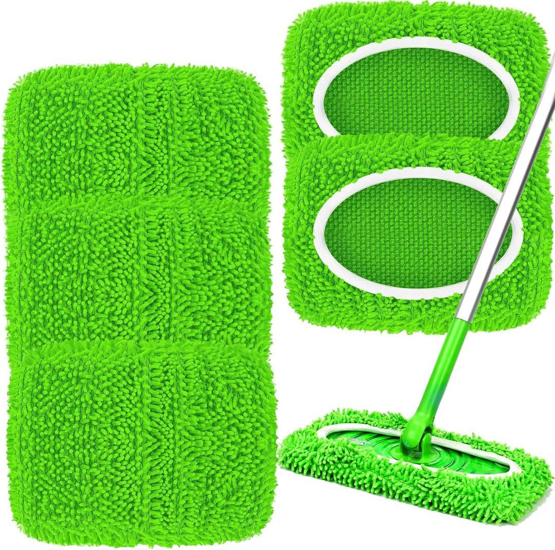 5PCS Microfiber Wet and Dry Sweeping Mop Pads, Compatible with Swiffer Sweeper, Chenille Washable Swiffer Mop Pads, Reusable Mopping Refills for Hardwood Floor(Green 5PCS)